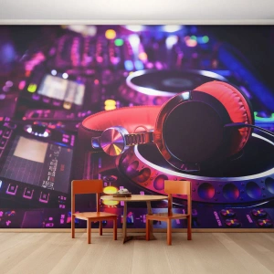 Fotomural Premium Canvas - Auriculares de DJ en una consola con iluminación de neón. - 100x70cm - Antes de que comience la diversión - Decoración de pared moderna para salón y dormitorio ARTTOR