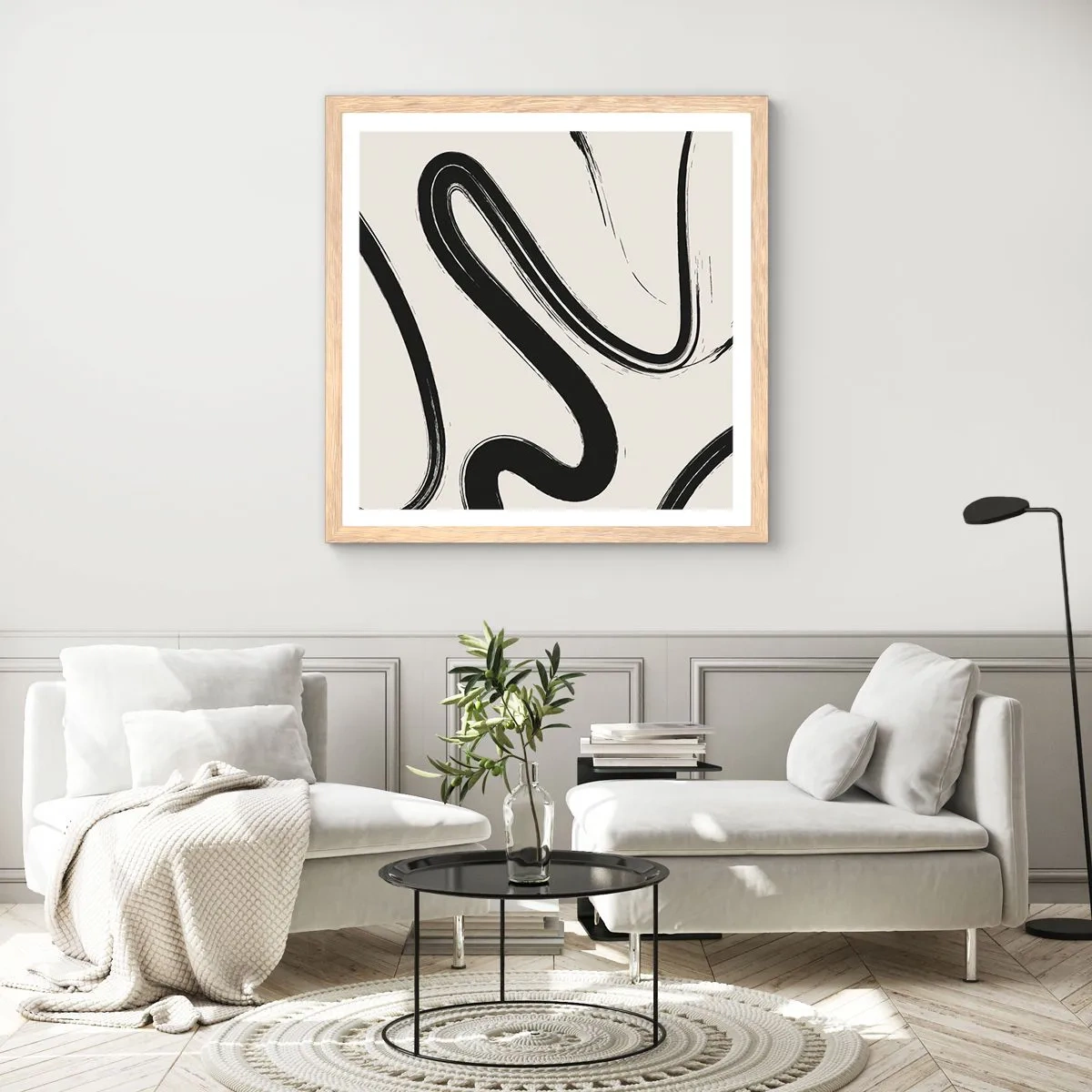 Póster en marco roble claro - Fantasía en blanco y negro - 60x60 cm