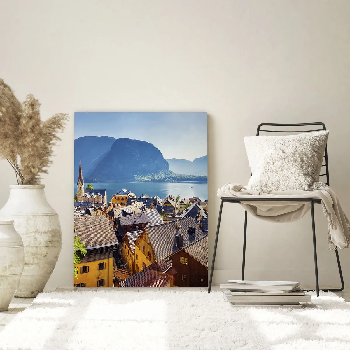 Cuadro sobre vidrio - Impresiones sobre Vidrio - Un pintoresco pueblo junto a un lago rodeado de montañas en un día soleado. - 80x120cm - No podría ser más pintoresco - Decoración de pared moderna para salón y dormitorio ARTTOR