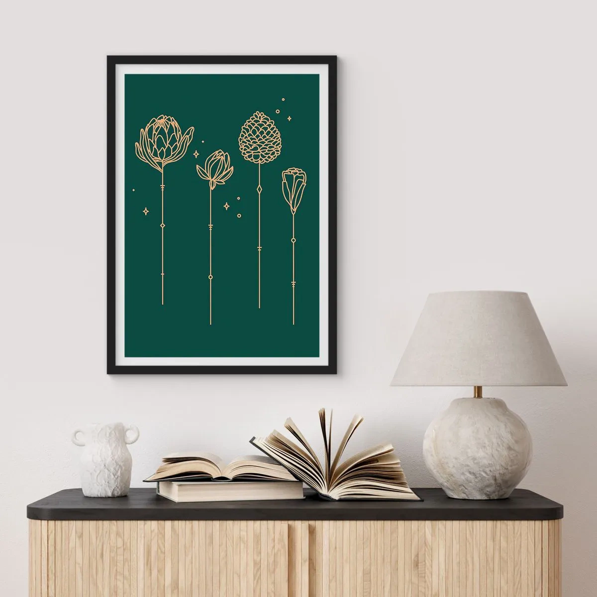 Póster en marco negro - Contornos dorados de flores sobre un fondo verde oscuro. - 50x70cm - La familia vegetal - Decoración de pared moderna para salón y dormitorio ARTTOR