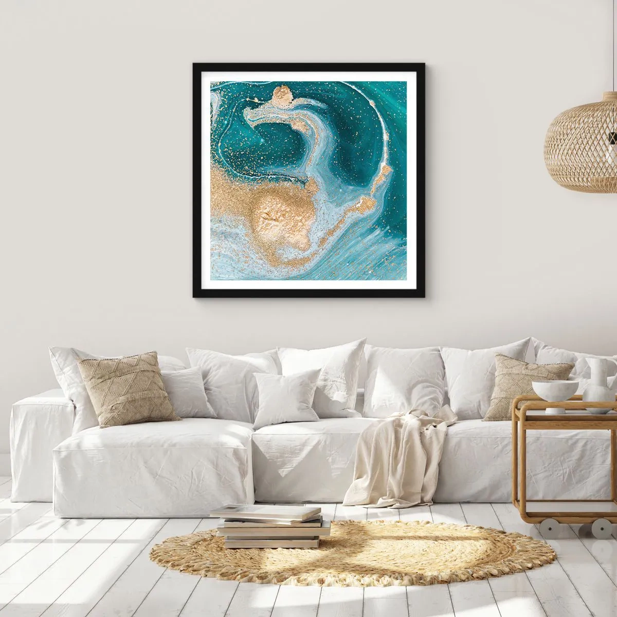 Póster en marco negro - Un remolino de oro y turquesa - 50x50 cm