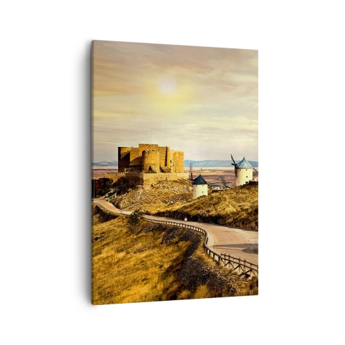 Cuadro sobre lienzo - Impresión de Imagen - Molinos de viento en las colinas con un castillo histórico al fondo - 50x70cm - Don Quijote los vio - Decoración de pared moderna para salón y dormitorio ARTTOR