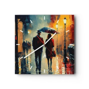 Reloj de pared - Reloj de vidrio - Caminando bajo la lluvia bajo un paraguas en la ciudad por la noche. - 30x30cm - Historia de amor urbana - Decoración de pared moderna para salón y dormitorio ARTTOR