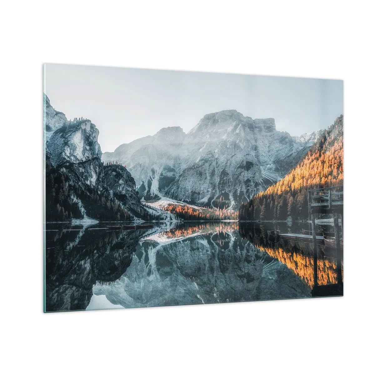 Cuadro sobre vidrio - Impresiones sobre Vidrio - Un paisaje de montaña reflejado en la tranquila superficie del lago. - 100x70cm - Paisaje en el espejo - Decoración de pared moderna para salón y dormitorio ARTTOR