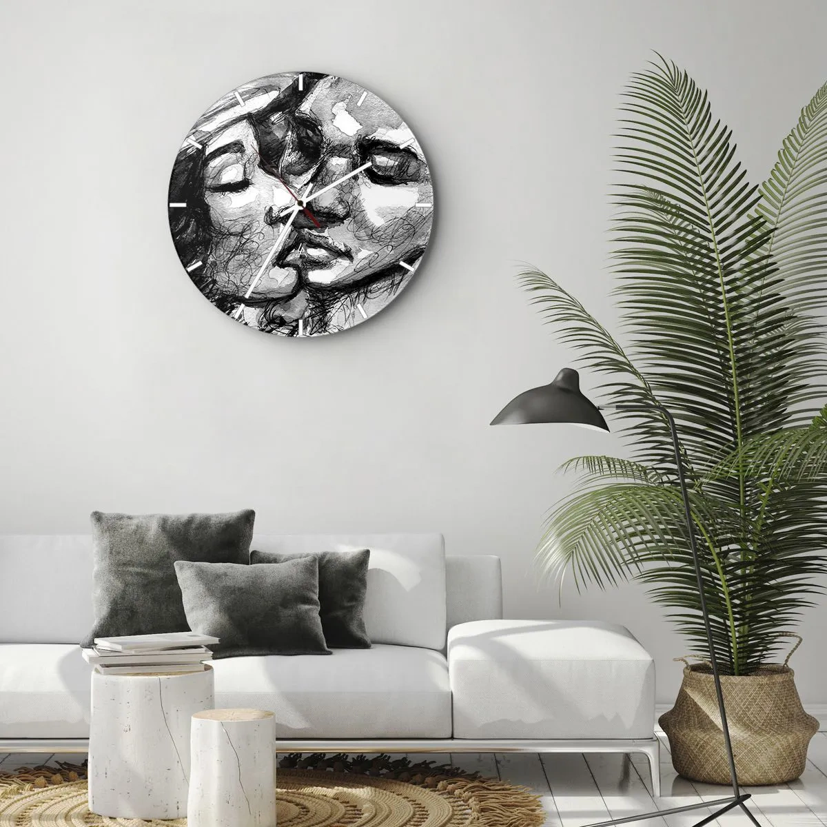 Reloj de pared - Reloj de vidrio - Boceto en blanco y negro de una pareja besándose - 30x30cm - Un momento tierno - Decoración de pared moderna para salón, cocina y dormitorio ARTTOR