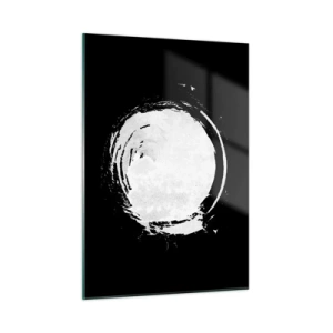 Cuadro sobre vidrio - Impresiones sobre Vidrio - Círculo abstracto blanco sobre fondo negro - 50x70cm - La buena salida - Decoración de pared moderna para salón y dormitorio ARTTOR