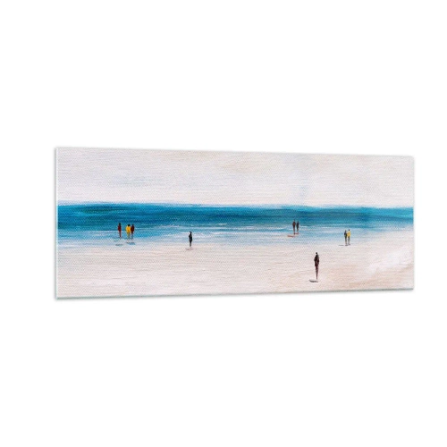 Cuadro sobre vidrio - Impresiones sobre Vidrio - Una playa con gente con el mar en calma como telón de fondo. - 140x50cm - Necesidad natural - Decoración de pared moderna para salón y dormitorio ARTTOR