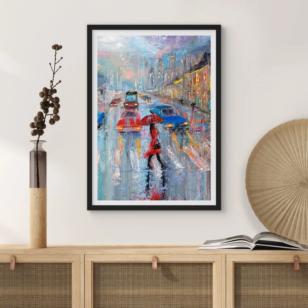 Póster en marco negro - Paisaje urbano impresionista bajo la lluvia - 50x70cm - Una tarde de lluvia en la ciudad - Decoración de pared moderna para salón y dormitorio ARTTOR