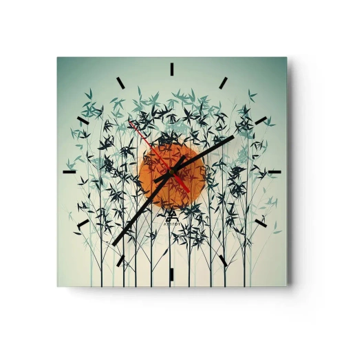Reloj de pared - Reloj de vidrio - Sol naranja entre las ramas de bambú. - 30x30cm - El sol de Japón - Decoración de pared moderna para salón y dormitorio ARTTOR