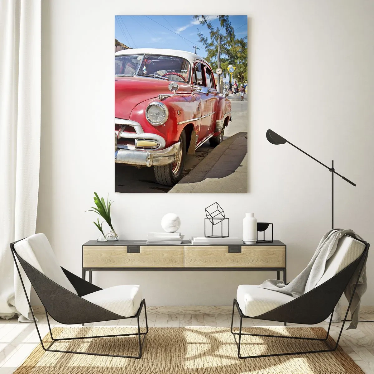 Cuadro sobre vidrio - Impresiones sobre Vidrio - Un coche clásico rojo aparcado en la calle en un día soleado. - 80x120cm - Solo en Cuba - Decoración de pared moderna para salón y dormitorio ARTTOR