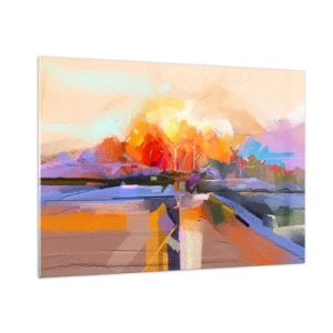 Cuadro sobre vidrio - Impresiones sobre Vidrio - Paisaje abstracto con puesta de sol y campos coloridos. - 100x70cm - Llegó el otoño - Decoración de pared moderna para salón y dormitorio ARTTOR