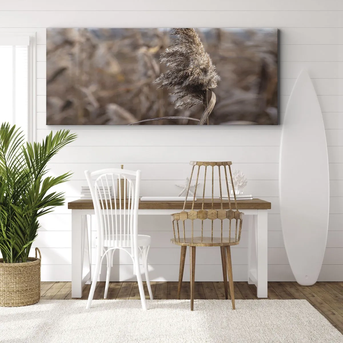 Cuadro sobre lienzo - Impresión de Imagen - Delicadas hierbas en tonos beige sobre el fondo de la naturaleza. - 120x50cm - Es hora de volar con el viento - Decoración de pared moderna para salón y dormitorio ARTTOR