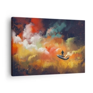 Cuadro sobre lienzo - Impresión de Imagen - Una figura en un barco contra un fondo de nubes de colores. - 70x50cm - En barco por la galaxia - Decoración de pared moderna para salón y dormitorio ARTTOR