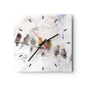 Reloj de pared - Reloj de vidrio - Pájaros coloridos en una rama en estilo acuarela. - 30x30cm - Reunión alada - Decoración de pared moderna para salón y dormitorio ARTTOR