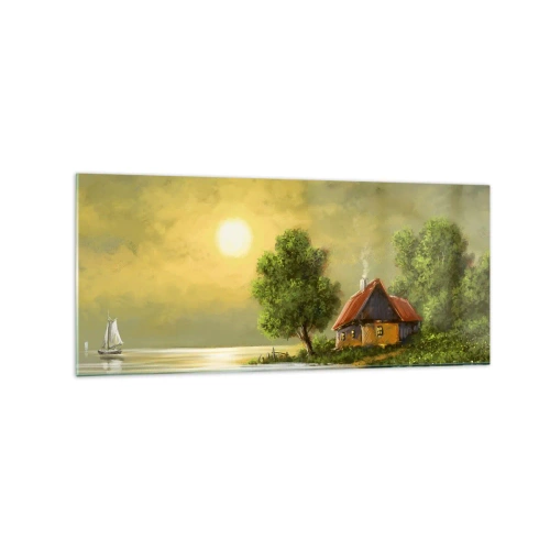 Cuadro sobre vidrio - Impresiones sobre Vidrio - Casa del lago a la luz del atardecer - 120x50cm - Es hermoso, como salido de un cuadro - Decoración de pared moderna para salón y dormitorio ARTTOR