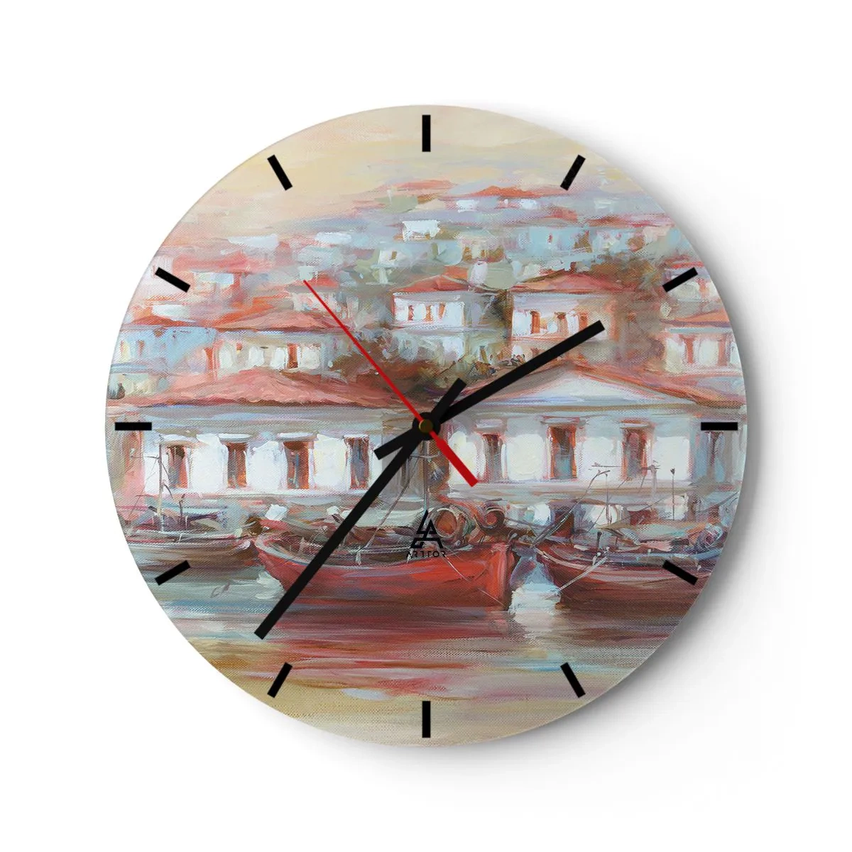 Reloj de pared - Reloj de vidrio - Un puerto pintoresco con barcos y arquitectura mediterránea. - 30x30cm - Ciudad feliz - Decoración de pared moderna para salón, cocina y dormitorio ARTTOR