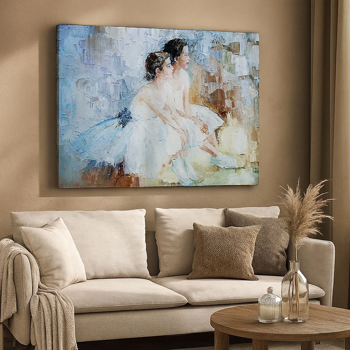 Cuadro sobre lienzo - Impresión de Imagen - Dos bailarinas vestidas de blanco se relajan sobre un fondo pastel. - 70x50cm - Cisnes jóvenes descansando - Decoración de pared moderna para salón y dormitorio ARTTOR