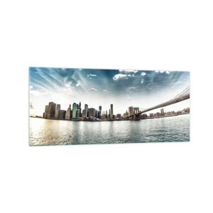 Cuadro sobre vidrio - Impresiones sobre Vidrio - Panorama de la ciudad con un puente contra el cielo azul. - 120x50cm - Isla de cristal - Decoración de pared moderna para salón y dormitorio ARTTOR