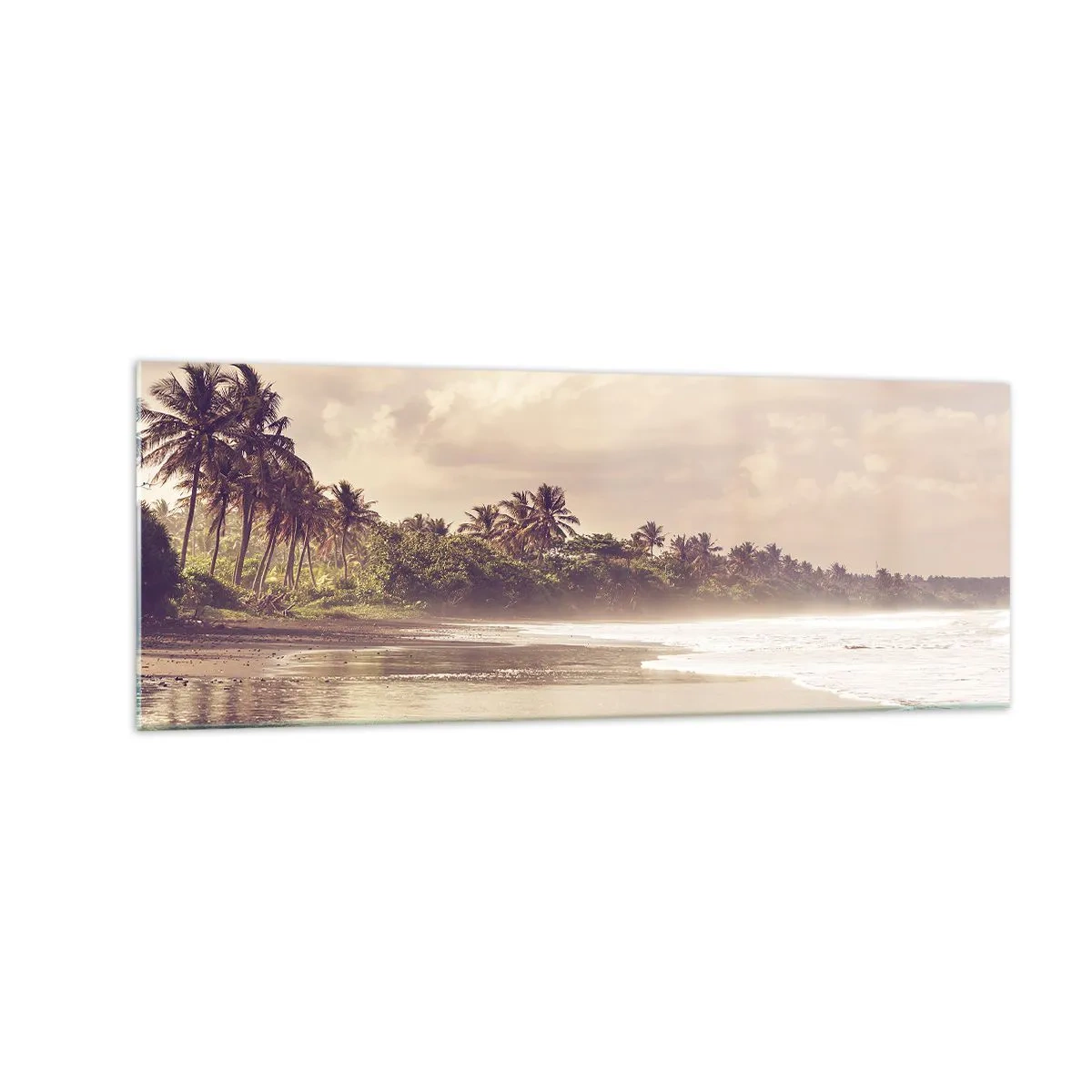 Cuadro sobre vidrio - Impresiones sobre Vidrio - Una playa con palmeras y olas suaves por la mañana. - 140x50cm - La caricia de las olas - Decoración de pared moderna para salón y dormitorio ARTTOR