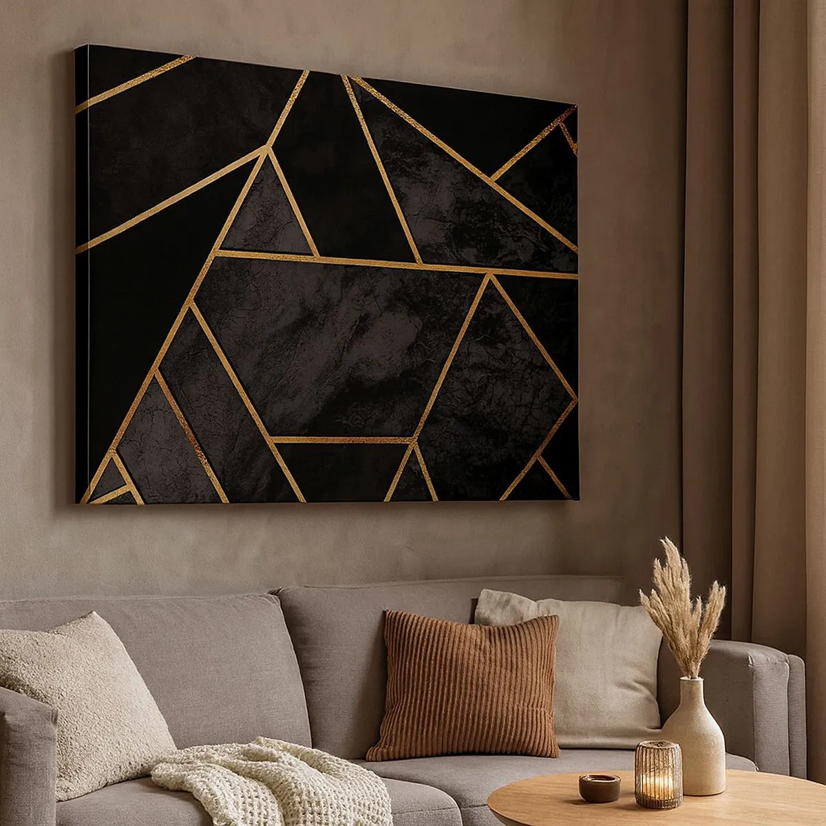 Cuadro sobre lienzo - Impresión de Imagen - Patrón geométrico dorado sobre fondo negro - 70x50cm - Oscuridad y brillo - Decoración de pared moderna para salón y dormitorio ARTTOR