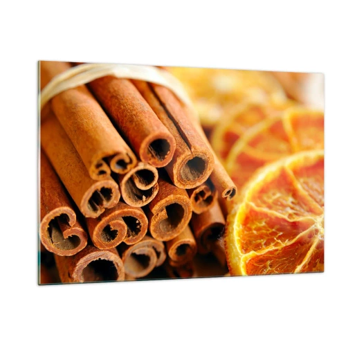 Cuadro sobre vidrio - Impresiones sobre Vidrio - Primer plano de ramas de canela y rodajas de naranja secas - 120x80cm - ¿Puedes oler su aroma? - Decoración de pared moderna para salón y dormitorio ARTTOR
