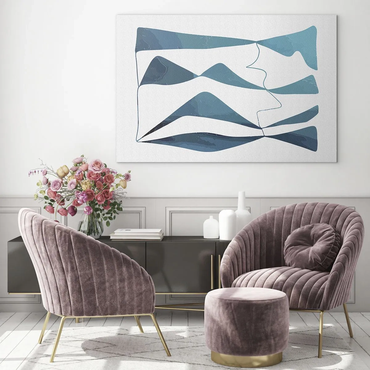 Cuadro sobre vidrio - Impresiones sobre Vidrio - Ondas y formas turquesas sobre un fondo blanco. - 70x50cm - Abstracción: un compuesto turquesa - Decoración de pared moderna para salón y dormitorio ARTTOR