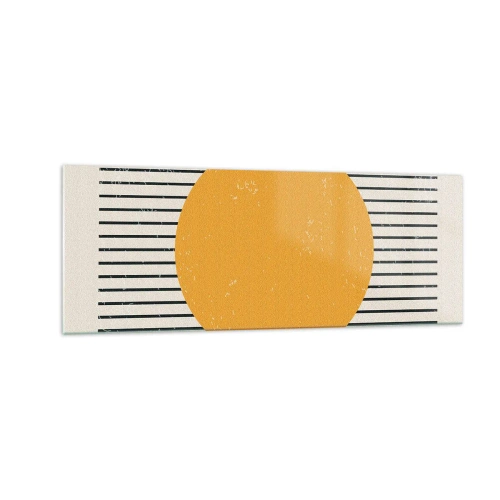 Cuadro sobre vidrio - Impresiones sobre Vidrio - Un círculo amarillo sobre un fondo de líneas horizontales blancas y negras. - 140x50cm - El poder de la sencillez - Decoración de pared moderna para salón y dormitorio ARTTOR