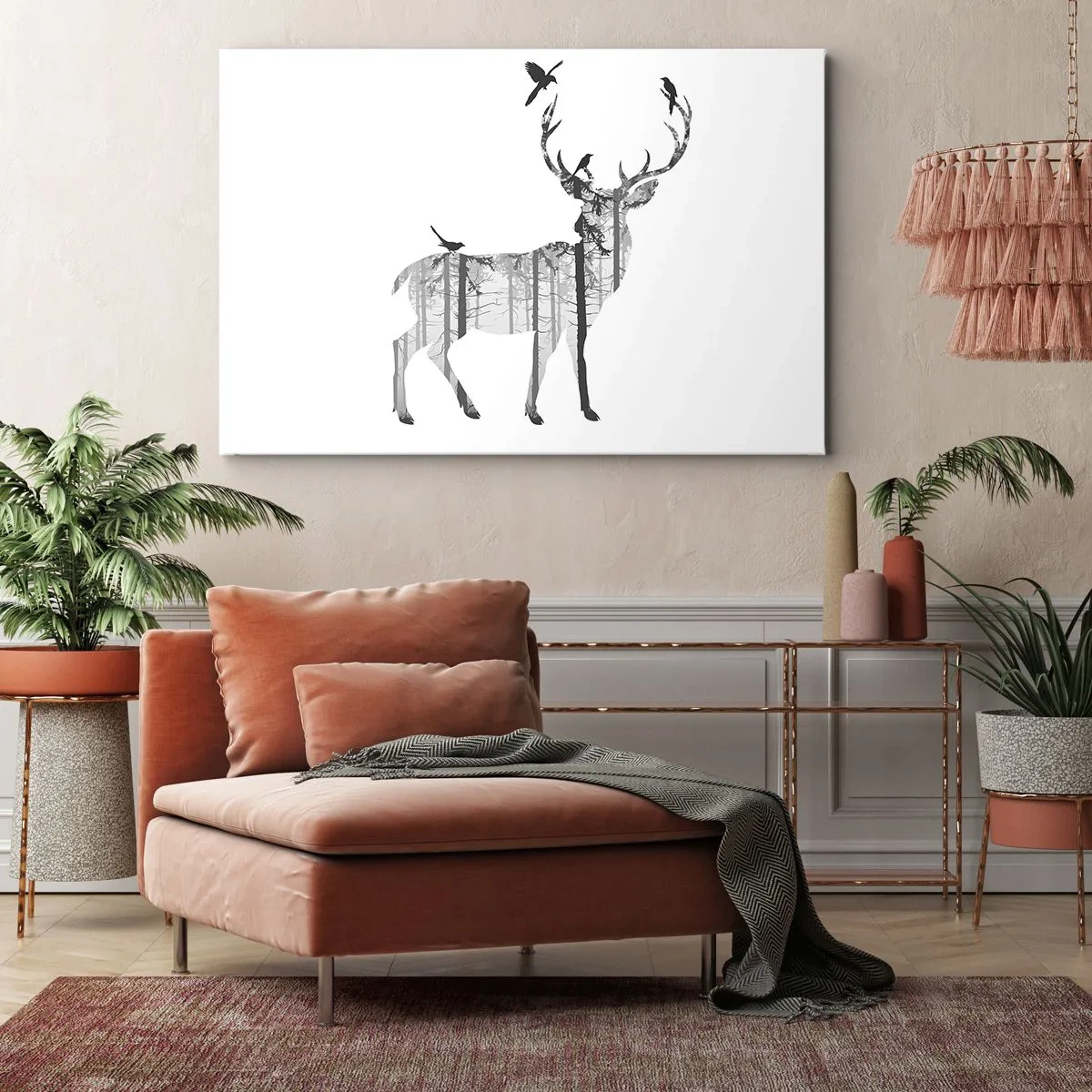 Cuadro sobre lienzo - Impresión de Imagen - Silueta de un ciervo con bosque y pájaros. - 120x80cm - El buen espíritu del bosque - Decoración de pared moderna para salón y dormitorio ARTTOR