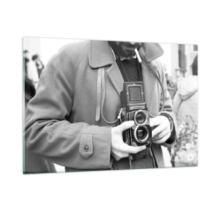 Cuadro sobre vidrio - Impresiones sobre Vidrio - Fotografía en blanco y negro de un hombre con una cámara analógica. - 120x80cm - En estilo retro - Decoración de pared moderna para salón y dormitorio ARTTOR