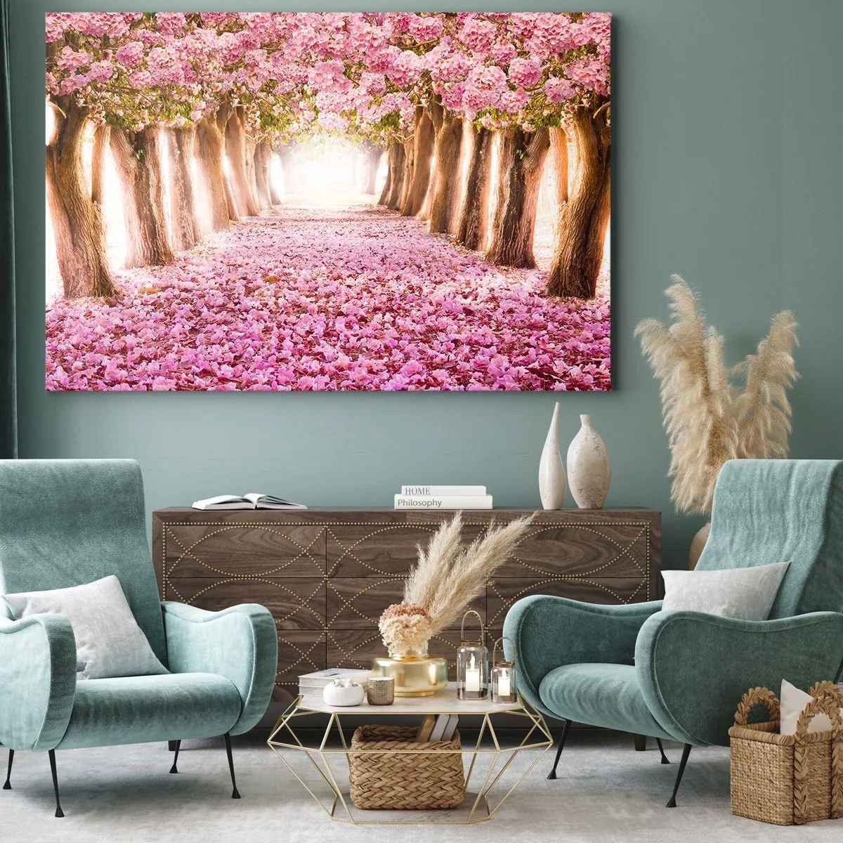 Cuadro sobre lienzo - Impresión de Imagen - Una avenida de árboles en flor en tonos rosa. - 120x80cm - El camino al paraíso - Decoración de pared moderna para salón y dormitorio ARTTOR