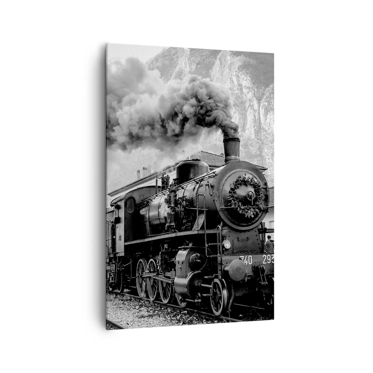 Cuadro sobre lienzo - Impresión de Imagen - Una locomotora de vapor en blanco y negro contra un paisaje montañoso. - 80x120cm - Rumbo a la estación... - Decoración de pared moderna para salón y dormitorio ARTTOR