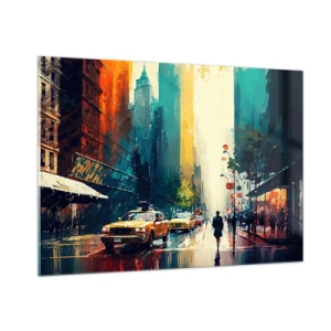 Cuadro sobre vidrio - Impresiones sobre Vidrio - Taxis coloridos y rascacielos en una calle húmeda de la ciudad - 100x70cm - Nueva York - hasta la lluvia es colorida - Decoración de pared moderna para salón y dormitorio ARTTOR