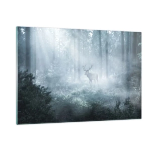 Cuadro sobre vidrio - Impresiones sobre Vidrio - Un ciervo en un bosque brumoso iluminado por los rayos del sol de la mañana. - 120x80cm - Ronda matutina por la finca - Decoración de pared moderna para salón y dormitorio ARTTOR