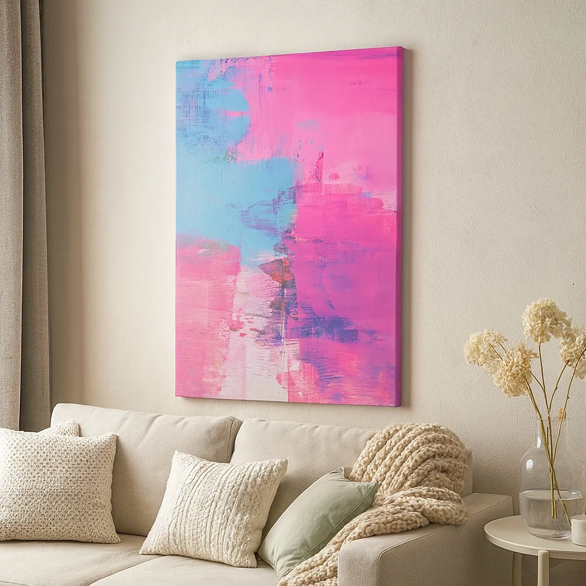 Cuadro sobre lienzo - Impresión de Imagen - Composición abstracta en rosa y azul. - 50x70cm - Rosa, azul y una pizca de luz - Decoración de pared moderna para salón y dormitorio ARTTOR