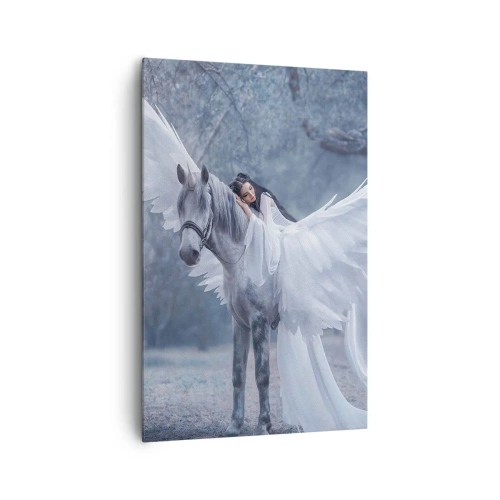 Cuadro sobre lienzo - Impresión de Imagen - Una mujer en un caballo blanco con alas en un bosque mágico. - 80x120cm - Un momento de inspiración - Decoración de pared moderna para salón y dormitorio ARTTOR