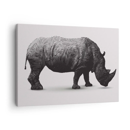 Cuadro sobre lienzo - Impresión de Imagen - Silueta gráfica de un rinoceronte en un patrón en blanco y negro. - 70x50cm - La belleza geométrica de la naturaleza - Decoración de pared moderna para salón y dormitorio ARTTOR