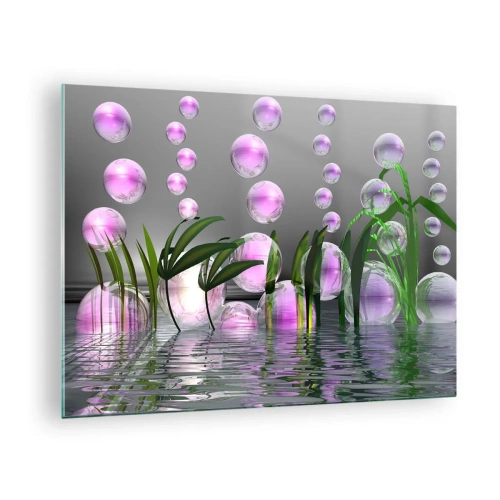 Cuadro sobre vidrio - Impresiones sobre Vidrio - Burbujas moradas flotando sobre el agua con plantas. - 70x50cm - Composición reflexiva de ligereza y vida - Decoración de pared moderna para salón y dormitorio ARTTOR