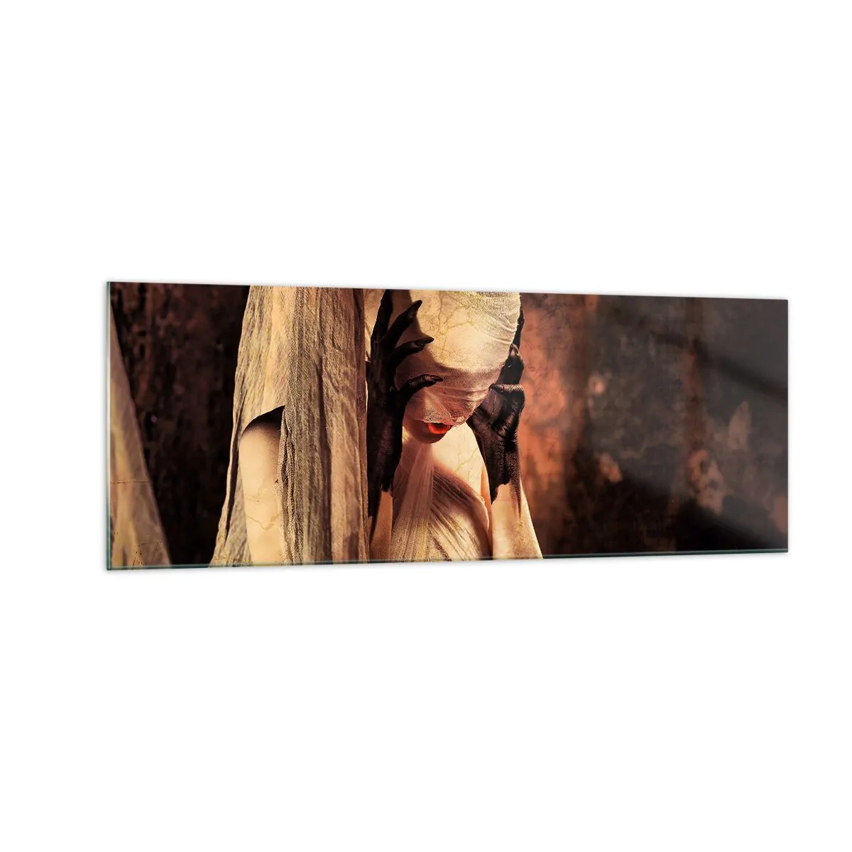 Cuadro sobre vidrio - Impresiones sobre Vidrio - Una mujer con velo y un estilo misterioso sobre un fondo oscuro. - 140x50cm - Entre el bien y el mal - Decoración de pared moderna para salón y dormitorio ARTTOR