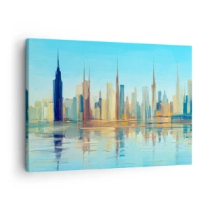Cuadro sobre lienzo - Impresión de Imagen - Un panorama de la ciudad en colores cálidos con reflejo en el agua. - 70x50cm - Metrópolis soleada - Decoración de pared moderna para salón y dormitorio ARTTOR