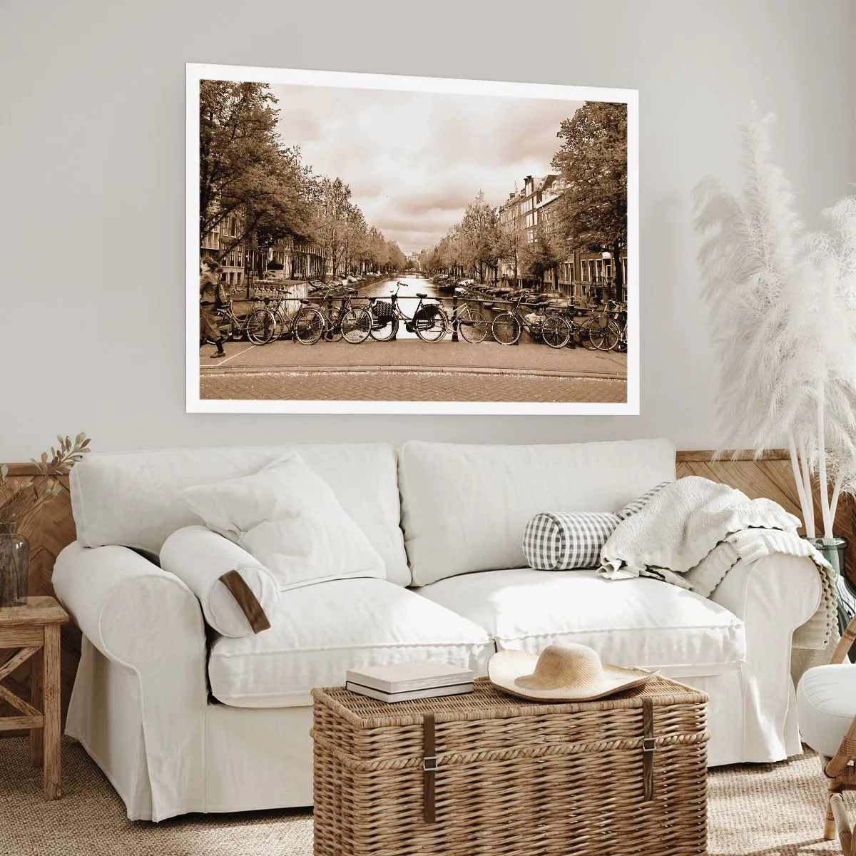 Póster - Puente para bicicletas sobre el canal en sepia - 100x70cm - Holanda solo hay una - Decoración de pared moderna para salón y dormitorio ARTTOR