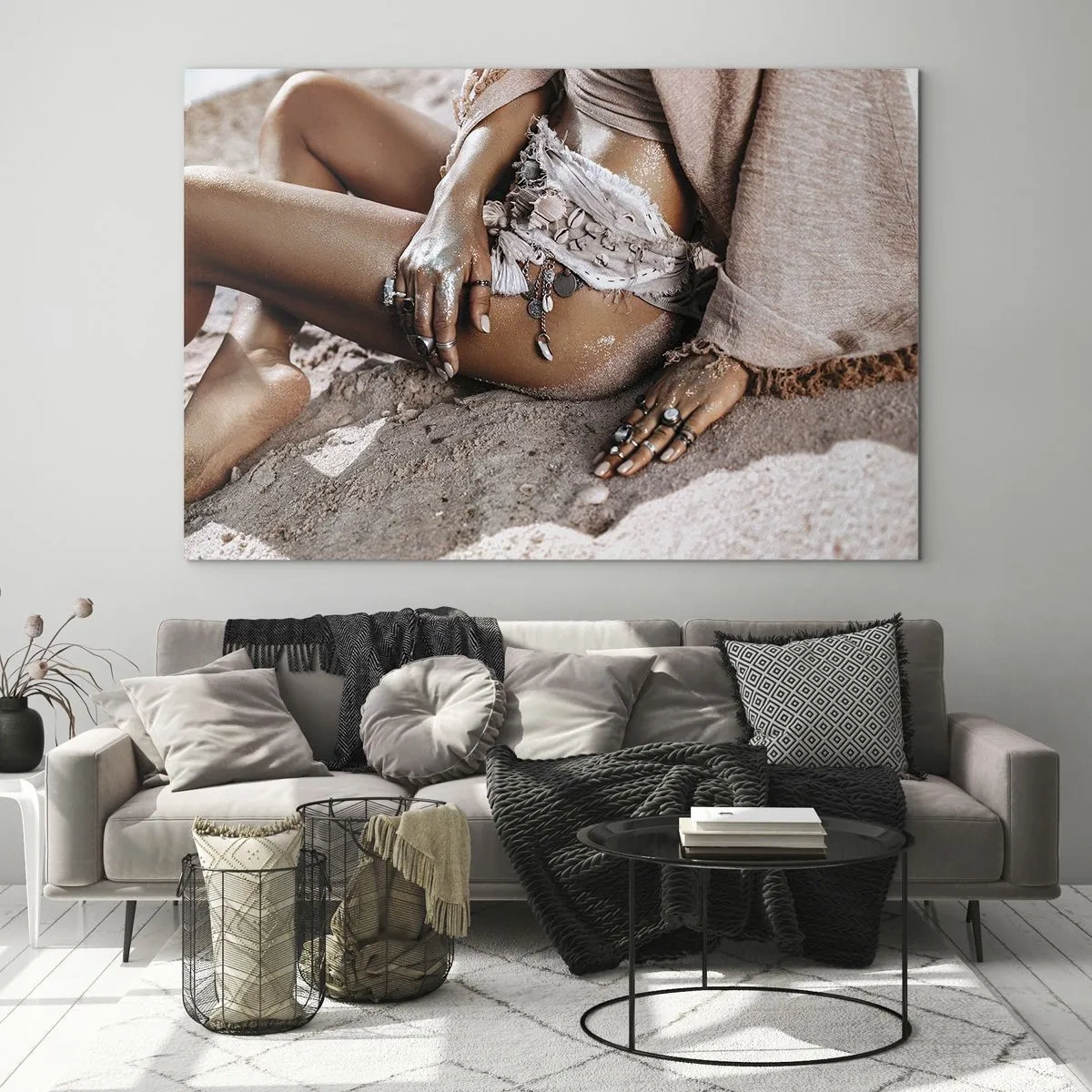 Cuadro sobre vidrio - Impresiones sobre Vidrio - Silueta femenina en una playa de arena - 120x80cm - Bañada por el sol y la arena - Decoración de pared moderna para salón y dormitorio ARTTOR