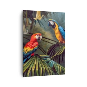 Cuadro sobre lienzo - Impresión de Imagen - Loros en un bosque tropical con flores exóticas al fondo. - 50x70cm - Romanticismo en los trópicos - Decoración de pared moderna para salón y dormitorio ARTTOR