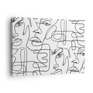 Cuadro sobre lienzo - Impresión de Imagen - Un dibujo minimalista de una cara con líneas sobre un fondo claro. - 70x50cm - Entre emociones enredadas - Decoración de pared moderna para salón y dormitorio ARTTOR