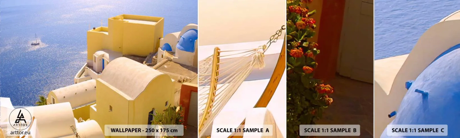 Muestra De Fotomural Standard Eco - Paisaje griego en blanco y azul - Paisaje, Santorini, Grecia - 100x30 cm