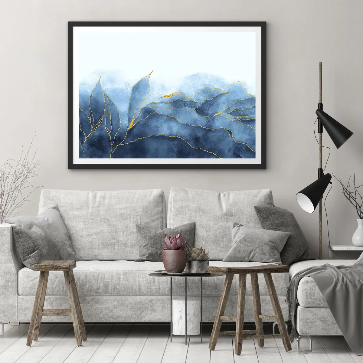 Póster en marco negro - Ondas abstractas en tonos azules con acentos dorados. - 70x50cm - Oro y azul - Decoración de pared moderna para salón y dormitorio ARTTOR