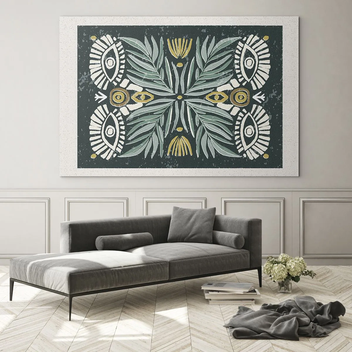 Cuadro sobre vidrio - Impresiones sobre Vidrio - Una composición simétrica de hojas y patrones en estilo folklórico. - 70x50cm - Como un recorte folclórico - Decoración de pared moderna para salón y dormitorio ARTTOR