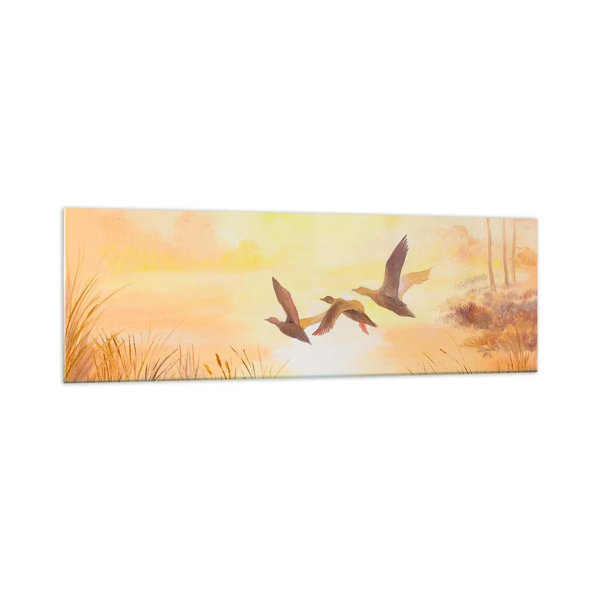 Cuadro sobre vidrio - Impresiones sobre Vidrio - Patos volando al amanecer sobre el lago - 160x50cm - El comienzo de un largo viaje - Decoración de pared moderna para salón y dormitorio ARTTOR
