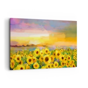 Cuadro sobre lienzo - Impresión de Imagen - Un campo de girasoles a la luz del sol poniente. - 120x80cm - El propio sol ha bajado a la Tierra - Decoración de pared moderna para salón y dormitorio ARTTOR
