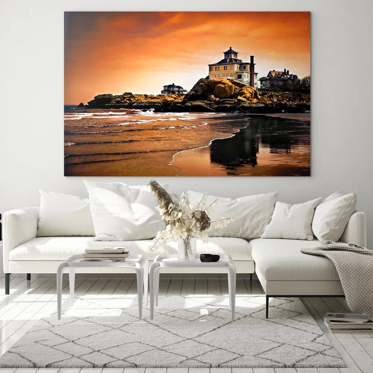 Cuadro sobre vidrio - Impresiones sobre Vidrio - Casa en un acantilado con vistas al mar al atardecer - 120x80cm - La elegancia de la costa oeste - Decoración de pared moderna para salón y dormitorio ARTTOR