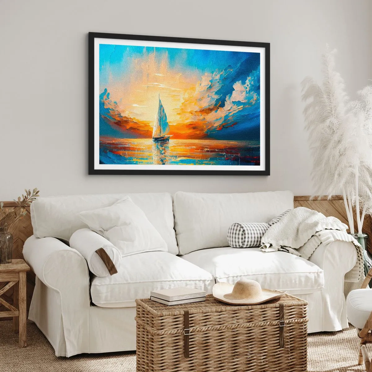 Póster en marco negro - Un velero con el sol poniente y nubes de colores como telón de fondo. - 70x50cm - Navegando en oro - Decoración de pared moderna para salón y dormitorio ARTTOR